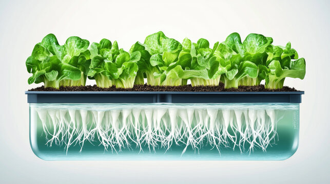 Cross-section view of healthy lettuce plants growing in a hydroponic system showing roots submerged in nutrient-rich water