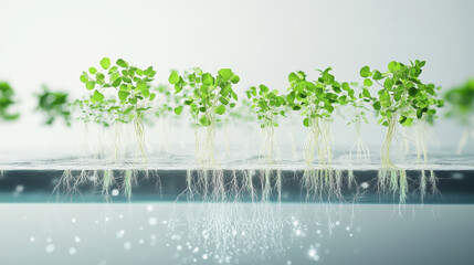 Close-up visualization of healthy plant seedlings growing with extensive root systems in hydroponic water culture system