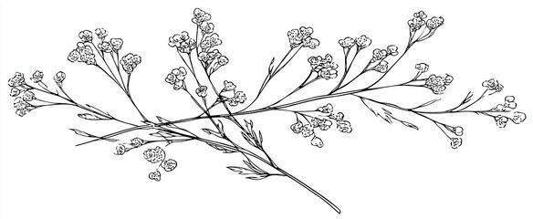 Fototapeta premium a hand-drawn, vector illustration of an isolated long branch with tiny flowers on it. the drawing is done in black ink against the white background,