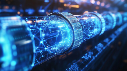 Abstract digital pipeline or fiber optic cable illustration with glowing blue data streams and network connections in a futuristic setting