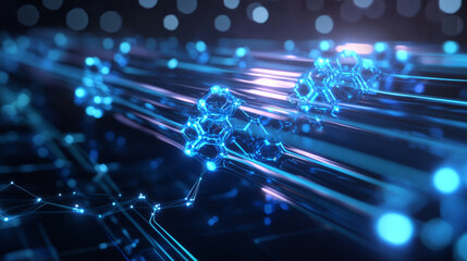 Abstract digital representation of graphene structure, nanotechnology, and high-speed data transfer using glowing blue light beams