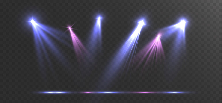 Light colorful stage spotlights with glowing beams on transparent background.