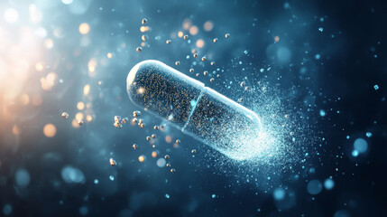 Transparent pharmaceutical capsule dissolving into bright blue glowing particles in a dark, abstract microscopic environment