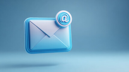 3D rendering of a floating blue and white stylized email envelope icon with a notification badge featuring an '@' symbol against a soft blue background.