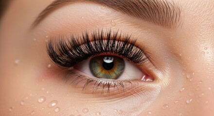 Obraz premium Macro shot of beautiful female eye with long eyelashes and water drops on skin. Wet texture and moisturizing skincare concept with fresh natural look.