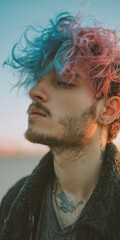 Young man with dyed hair and face piercings thinking outdoors