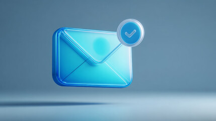 3D rendering of a floating translucent blue email envelope icon with a verification checkmark badge, representing successful message delivery or confirmation