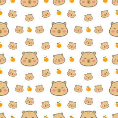 Cute capybara face seamless pattern with orange fruit elements. Kawaii cartoon background for kids, fabric, wallpaper, and packaging design. Vector illustration