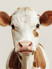 A cow with a white face and brown spots