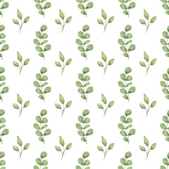 Obraz premium Seamless background, floral minimalistic pattern with watercolor green leaves. Repeat fabric wallpaper print texture. Perfectly for wrapped paper, backdrop, frame or border.