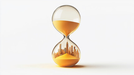 Conceptual hourglass with a miniature city skyline buried in sand, symbolizing time running out for urban development or time management