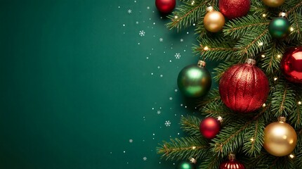 Festive Christmas frame on green background with red striped gift boxes, emerald ribbons, gold ornaments, pine branches, winter berries, and central copy space.