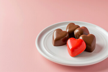One red heart shaped chocolate and brown truffles on white plate with pink background