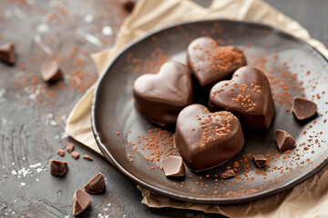 Close-up of heart shaped chocolate truffles with cocoa powder on a dark plate