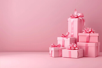 Stack of pink gift boxes with ribbons on pastel pink background with copy space
