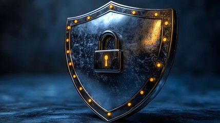 Metallic medieval style shield featuring a glowing keyhole padlock centered against a dark background
