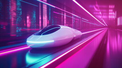 Futuristic high-speed bullet train concept moving rapidly through a vibrant neon-lit tunnel in a cyberpunk city environment
