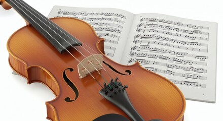 Violin and Music Sheet on White Background.