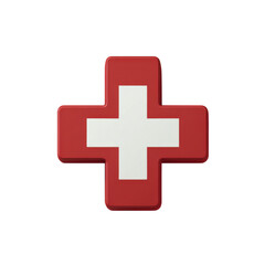 Obraz premium Red and white Swiss cross symbol on black background 3 D render image, Png On White Background, Isolated on Transparent Background, Cut Out