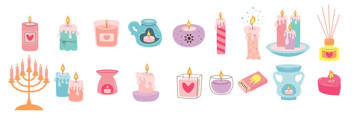 Set of scented wax burning candles, aromalamps for aromatherapy, relax and spa. Hygge time. Hand drawn trendy vector collection.