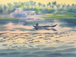 Fototapeta premium Morning sunrise in Kerala backwaters watercolor background