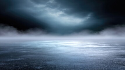 Dark and Mysterious Landscape with Reflections on Water Surface Under Dramatic Sky and Ethereal Fog at Dusk