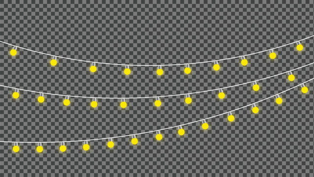 Twinkling fairy lights glow in soft amber. Golden garland loops around festive corner. Warm bulbs dangle on celebration wire. Holiday sparkle brightens the dark scene