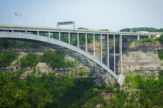 View of the Lewiston-Queenston Bridge border crossing over the Niagara Gorge in Niagara Falls, Ontario, Canada