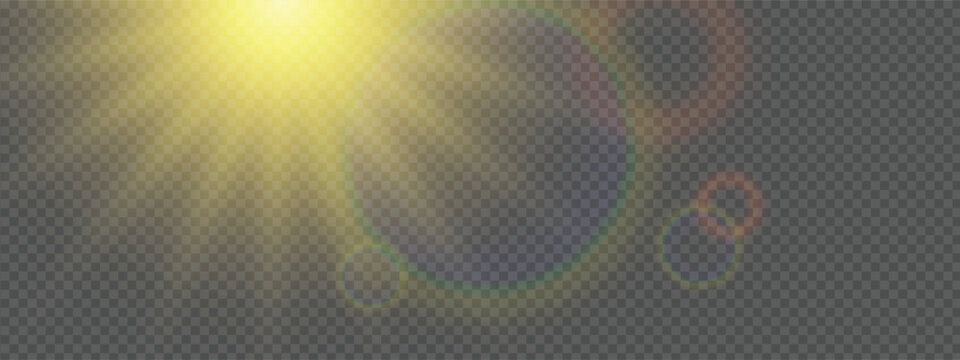 Bright light with glare and reflection of the camera lens. Sun, sun rays, dawn, lens flare on a transparent background.