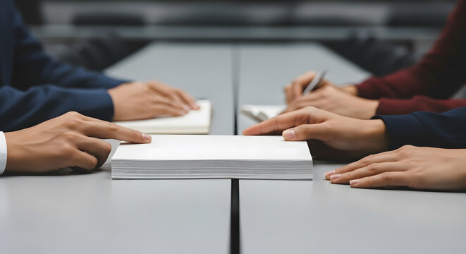 Business professionals hands around stack of documents during co