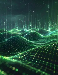 Abstract digital landscape of green waves and vertical light data streams