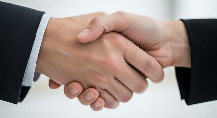 Obraz premium Two business professionals exchanging a handshake against a white background, symbolizing partnership and agreement