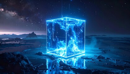 Luminous blue cube floats on alien landscape under starry sky