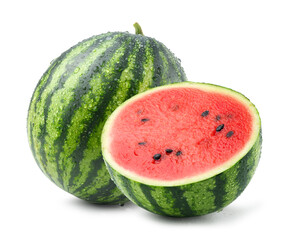 Watermelon with water droplet and half cut isolated on white background.