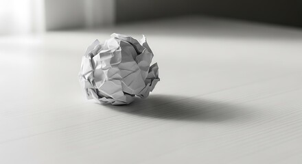 Fototapeta premium Crumpled paper ball on a plain white surface viewed from a slight angle, casting a soft shadow