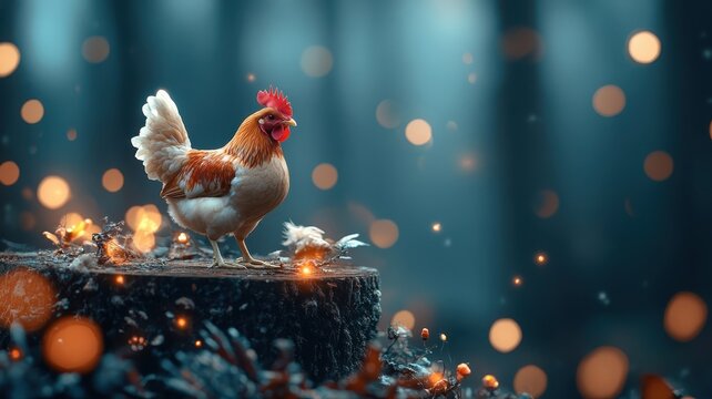 A chicken positioned on a sea-themed podium with a fantastical landscape and glowing lights.