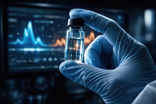 Laboratory technician wearing a white glove holds a glass vial filled with liquid, with a digital screen showing data graphs in the background
