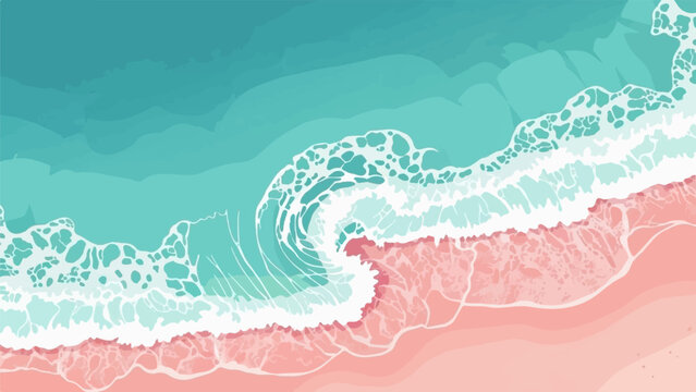 Aerial view of a turquoise wave crashing onto a pink sand beach