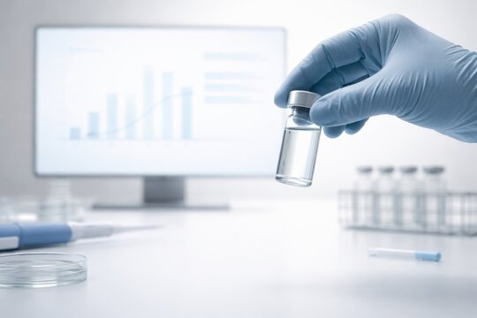 Medical worker in blue gloves presents a glass vial of liquid, with a computer screen showing graphs and laboratory tools on a white table