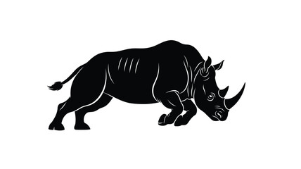 a detailed black rhino walking side profile illustration rendered as a silhouette © Rakib