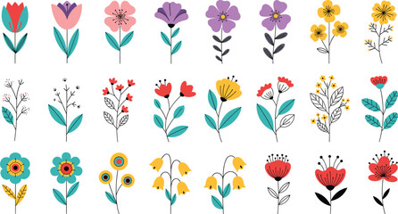 Colorful folk art flower illustration set with decorative blossoms leaves and botanical elements © Md