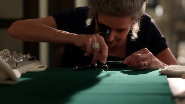 A mature caucasian female jeweler with an eyepiece uses tweezers to set a diamond in a ring under focused light, then looks up, concept of precision, luxury and artisanal mastery