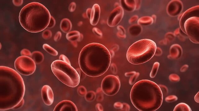 Microscopic view of red blood cells as biconcave discs floating in plasma on dark fluid background.