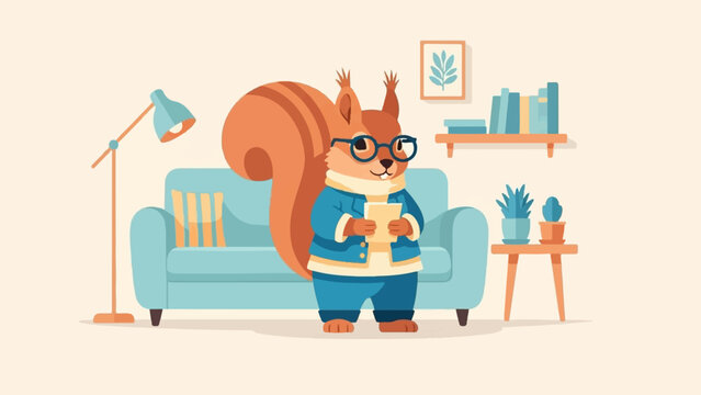 Anthropomorphic squirrel in glasses reading a book in a cozy room