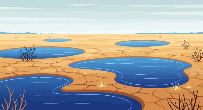 Desert landscape with dry cracked earth and water pools
