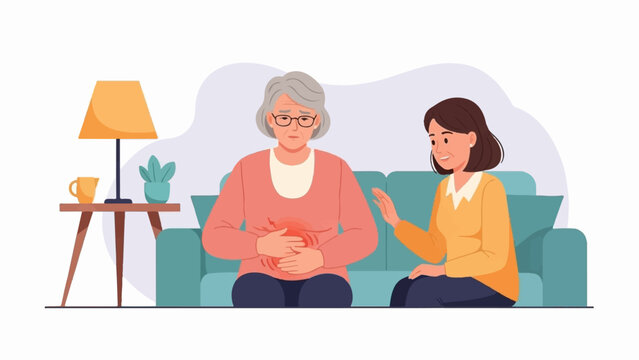 Caring woman comforts elder in pain, sitting on sofa
