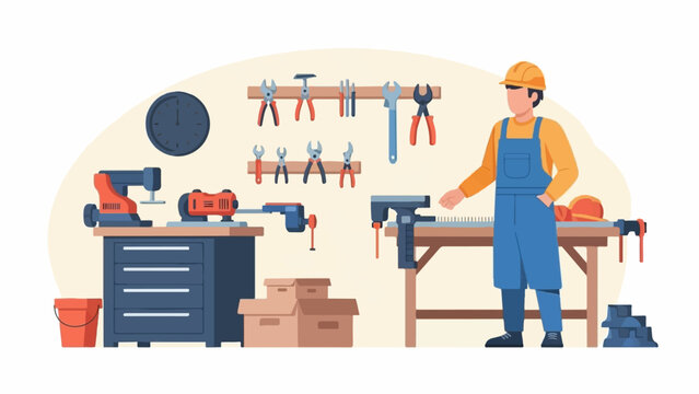 Carpenter standing in workshop with tools and equipment