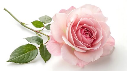 Fototapeta premium Single light pink rose bloom with stem and leaves