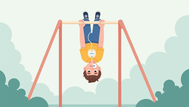 Child upside down on monkey bars with medical device