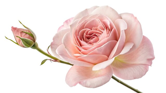 Soft pink rose bloom and bud on white background